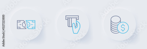 Set line Coin money with dollar, Credit card inserted and Tearing banknote icon. Vector