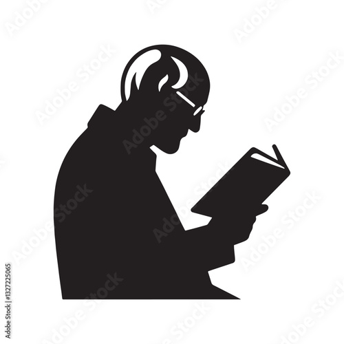 Gentlemanly Old Man Reading a Book silhouette, exuding class and poise - Old Man illustration - Minimalist Old Man vector - Classic figure
