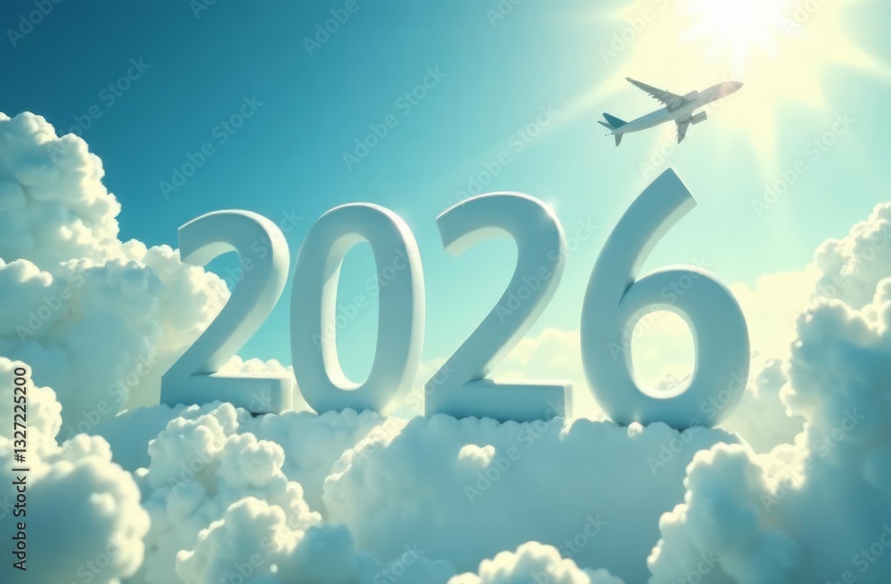 Happy New Year 2026, volumetric numbers of the year from white clouds in the blue sky and an airplane flying in the sky Happy New Year 2026, volumetric numbers of the year from white clouds in the blue sky and an airplane flying in the sky