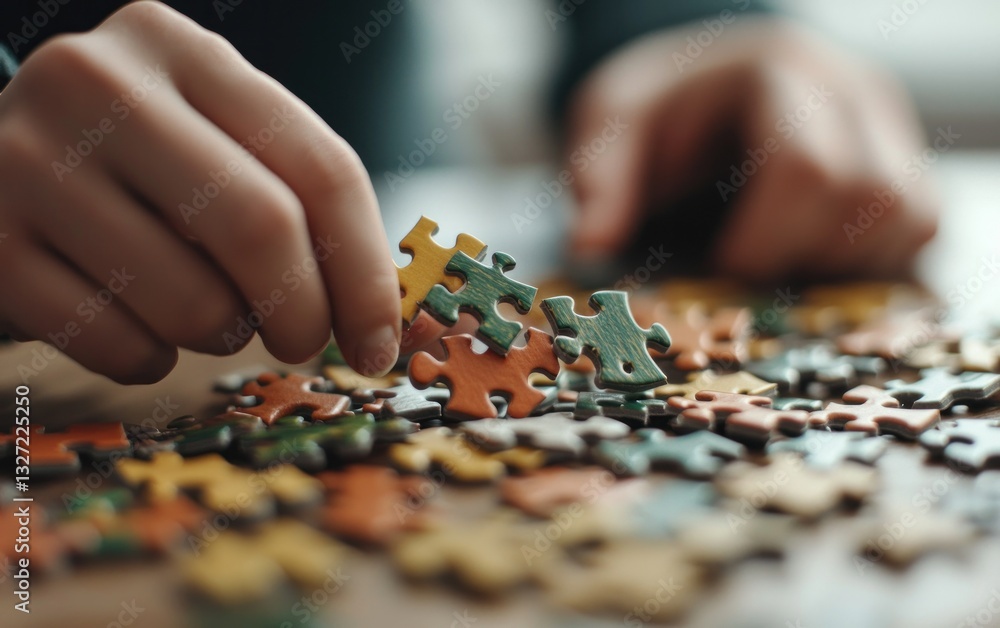 Close up of hands assembling a colorful jigsaw puzzle on a wooden surface. The pieces are various shades of orange, green, and brown. The focus is on the process of problem-solving and detail Close up of hands assembling a colorful jigsaw puzzle on a wooden surface. The pieces are various shades of orange, green, and brown. The focus is on the process of problem-solving and detail