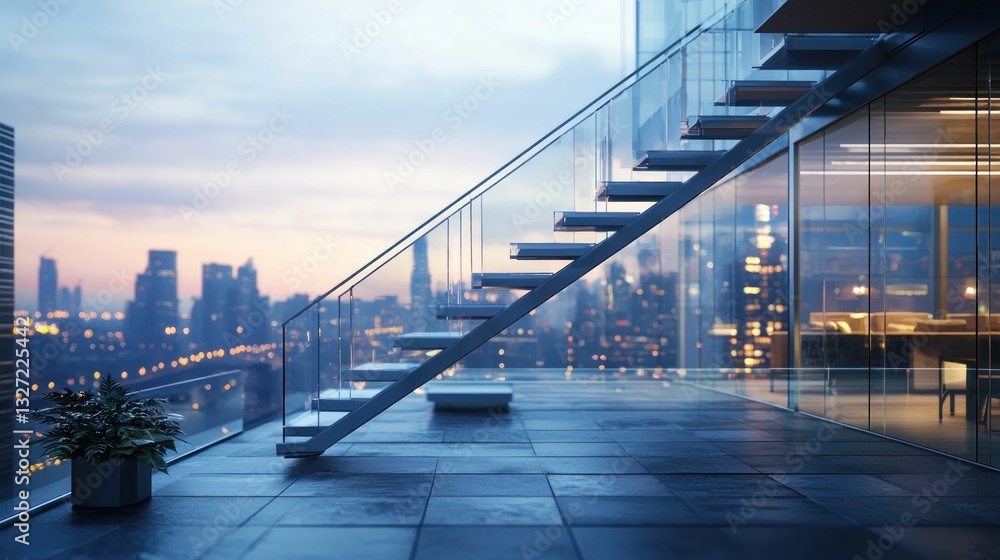 Obraz premium Modern Penthouse Cityscape: Glass Staircase & Evening Skyline