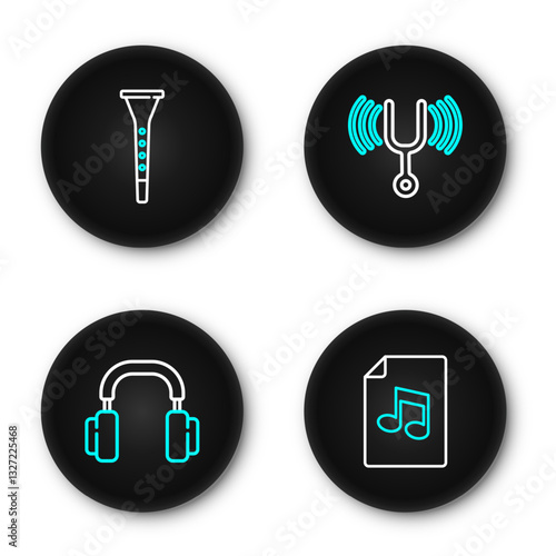 Set line Music book with note, Headphones, Musical tuning fork and Clarinet icon. Vector