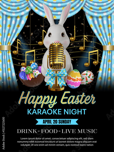 happy easter karaoke night flyer with light blue curtain, porcelain rabbit, gold musical notes and gold vintage mic	