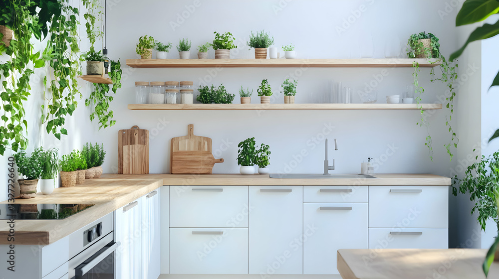 Fototapeta premium A modern kitchen bathed in natural light, features verdant greenery adding a touch of freshness