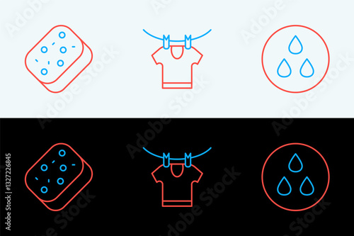 Set line Water drop, Sponge and Drying clothes icon. Vector