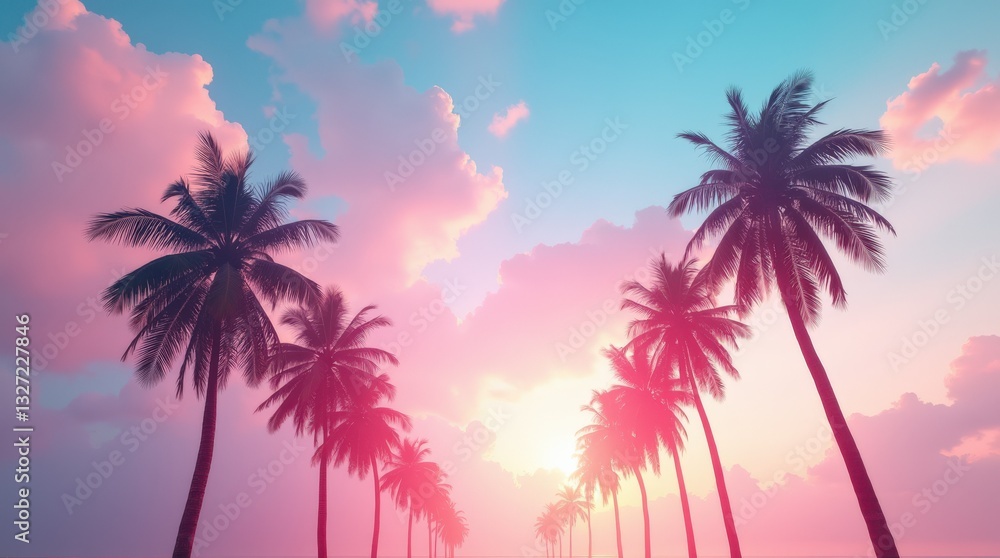Bright Sunset Under Palm Trees With Vibrant Colors at Beach Location Bright Sunset Under Palm Trees With Vibrant Colors at Beach Location