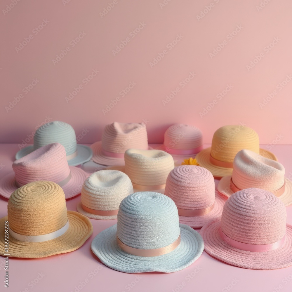 Collection of Colorful Straw Hats Arranged Neatly on a Pink Background Collection of Colorful Straw Hats Arranged Neatly on a Pink Background