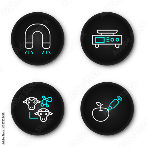 Set line Genetically modified apple, Cloning, Electronic scales and Magnet icon. Vector