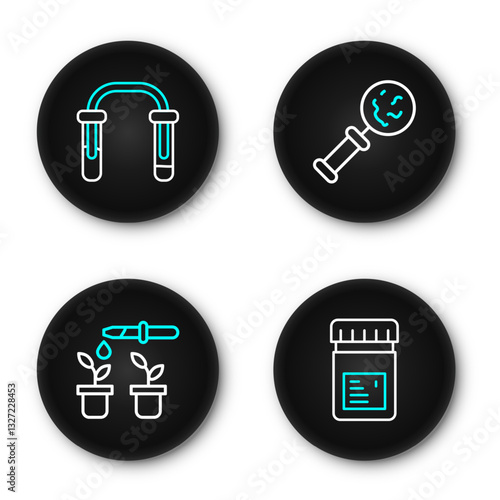 Set line Jar with additives, Pipette and plant, Microorganisms under magnifier and Test tube flask icon. Vector