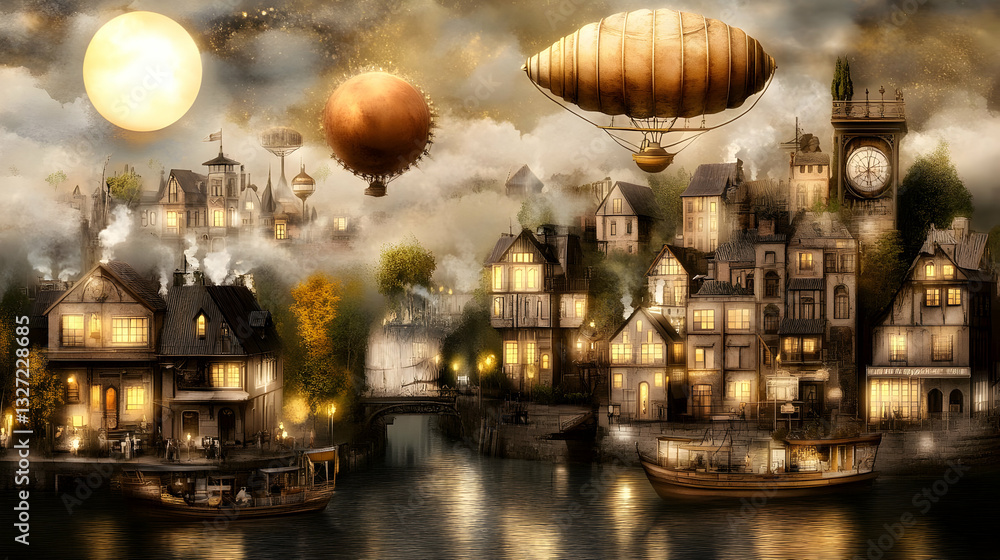 Steampunk-style town with illuminated buildings and airships Steampunk-style town with illuminated buildings and airships