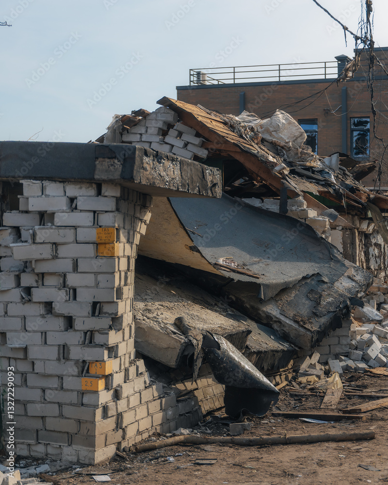 Consequences of military actions, destroyed building, close-up. Damage to walls, roof and windows is visible. Destruction of a residential building. War in Ukraine. Shelling of civilians. Consequences of military actions, destroyed building, close-up. Damage to walls, roof and windows is visible. Destruction of a residential building. War in Ukraine. Shelling of civilians.