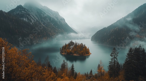 Misty autumn lake island, mountain valley. Background fall foliage. Use travel brochure