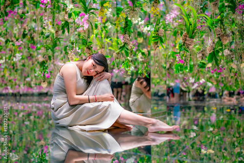 Photography Young Latina woman enjoying a hanging flower garden at TeamLab, Tokyo, Japon, surrounded by vibrant blooms and reflections