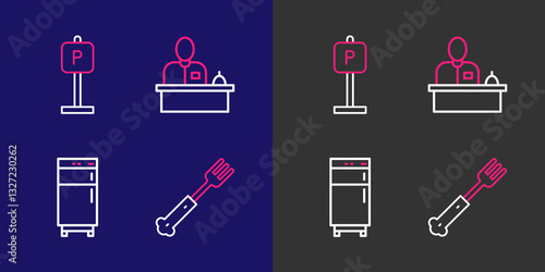 Set line Fork, Refrigerator, Hotel reception desk and Parking icon. Vector