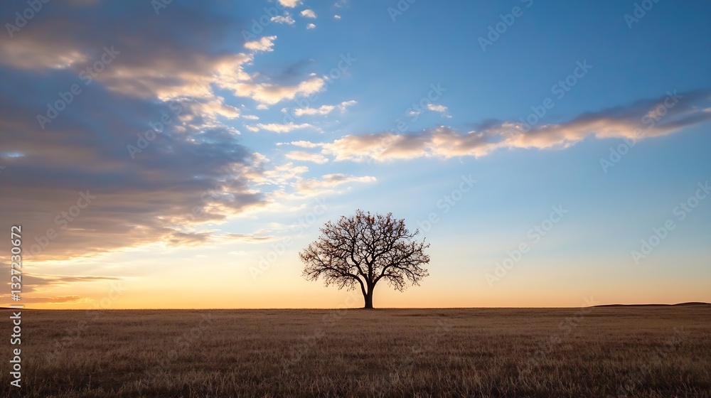 Fototapeta premium Lonely Tree on Open Field at Sunset with Colorful Clouds and Evening Light : Generative AI