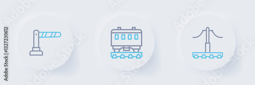Set line Railway, Passenger train cars and barrier icon. Vector