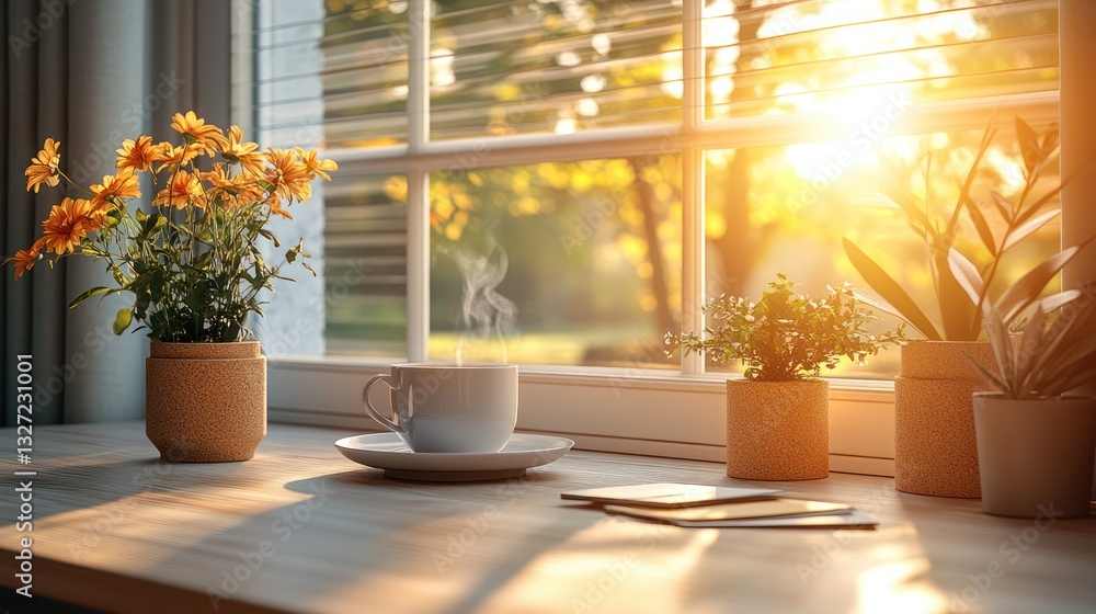 Cozy morning window view with coffee and flowers Cozy morning window view with coffee and flowers