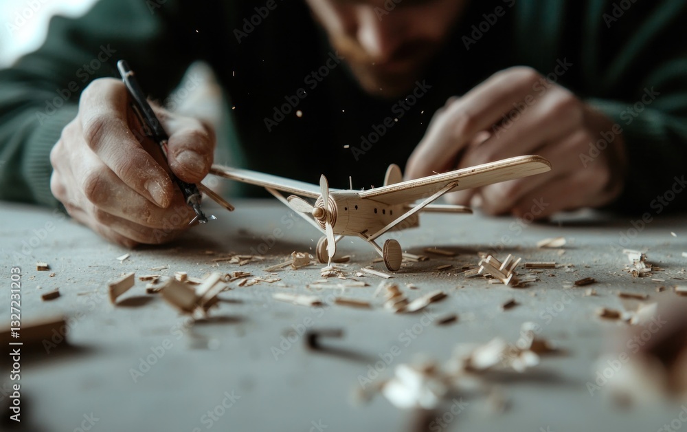 Obraz premium Close-up view of a person meticulously crafting a wooden airplane model. Wood shavings surround the model on a gray surface. Soft lighting enhances the detail