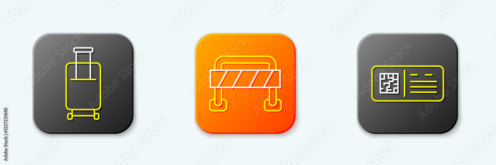 Set line Suitcase, Road barrier and QR code ticket train icon. Vector Set line Suitcase, Road barrier and QR code ticket train icon. Vector