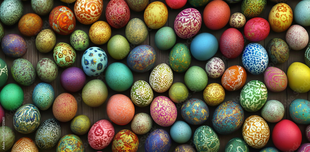 Colorful Easter eggs with intricate designs and patterns, arranged in an aesthetically pleasing pattern on the tabletop. Colorful Easter eggs with intricate designs and patterns, arranged in an aesthetically pleasing pattern on the tabletop.
