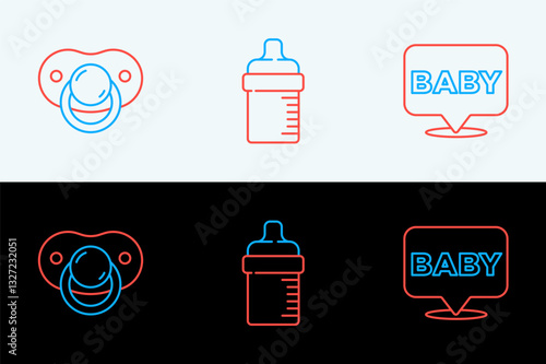 Set line Baby, dummy pacifier and bottle icon. Vector