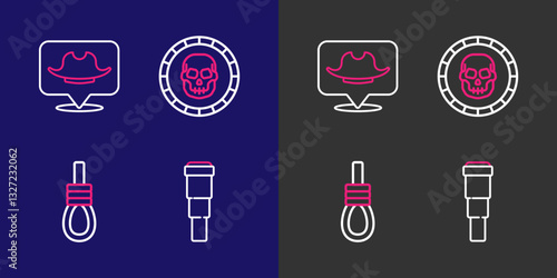 Set line Spyglass telescope lens, Gallows rope loop hanging, Pirate coin and Location pirate icon. Vector