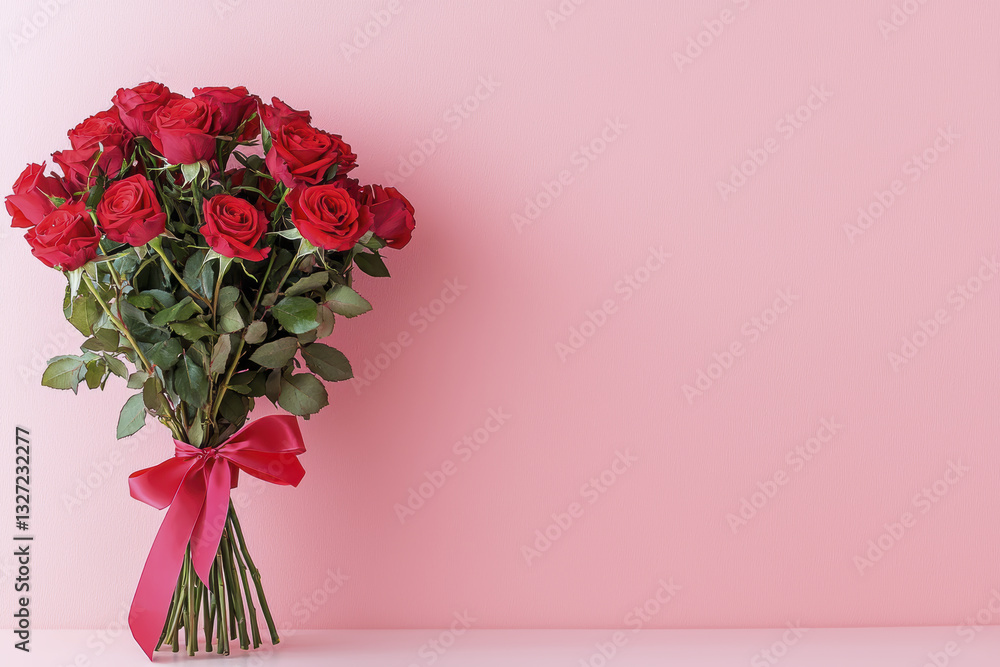 Naklejka premium bouquet of red roses tied with pink ribbon against soft pink background, symbolizing love and romance