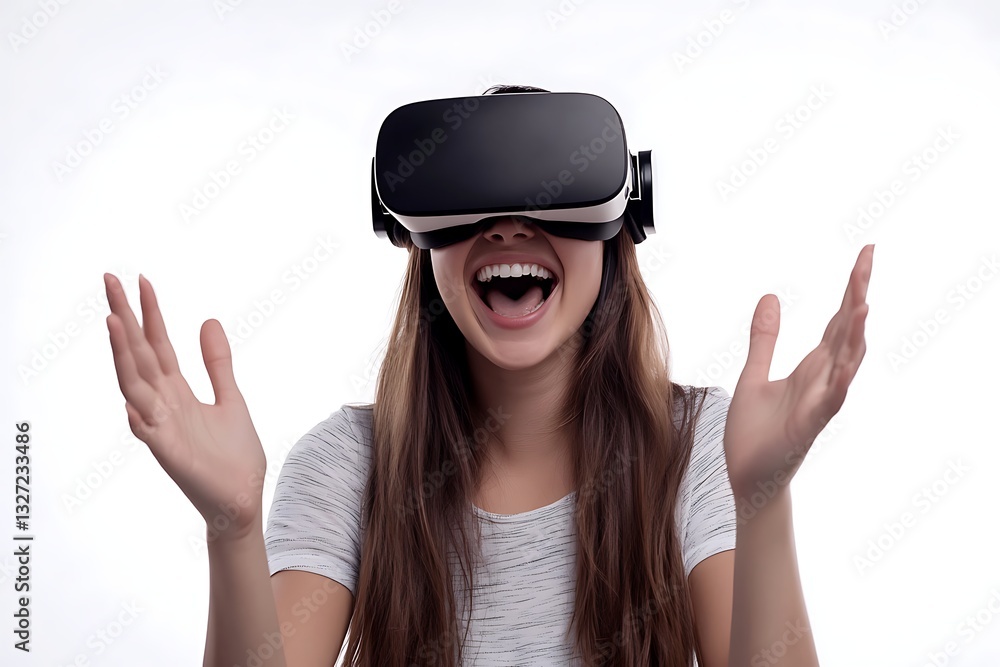 Immersed in Virtual Reality: A young woman experiences the wonder of virtual reality with an expression of pure delight, wearing a VR headset and embracing the digital world. Immersed in Virtual Reality: A young woman experiences the wonder of virtual reality with an expression of pure delight, wearing a VR headset and embracing the digital world.