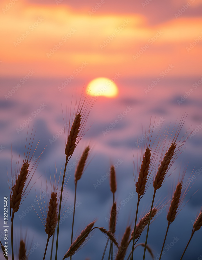 golden wheat sprouts at sunset on a cloudy background desktop wallpaper, flat design. White tone golden wheat sprouts at sunset on a cloudy background desktop wallpaper, flat design. White tone