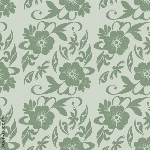 Floral seamless pattern, flower ornament in retro, vintage design in natural green color for wallpaper, textile, packaging, print and decoration. 