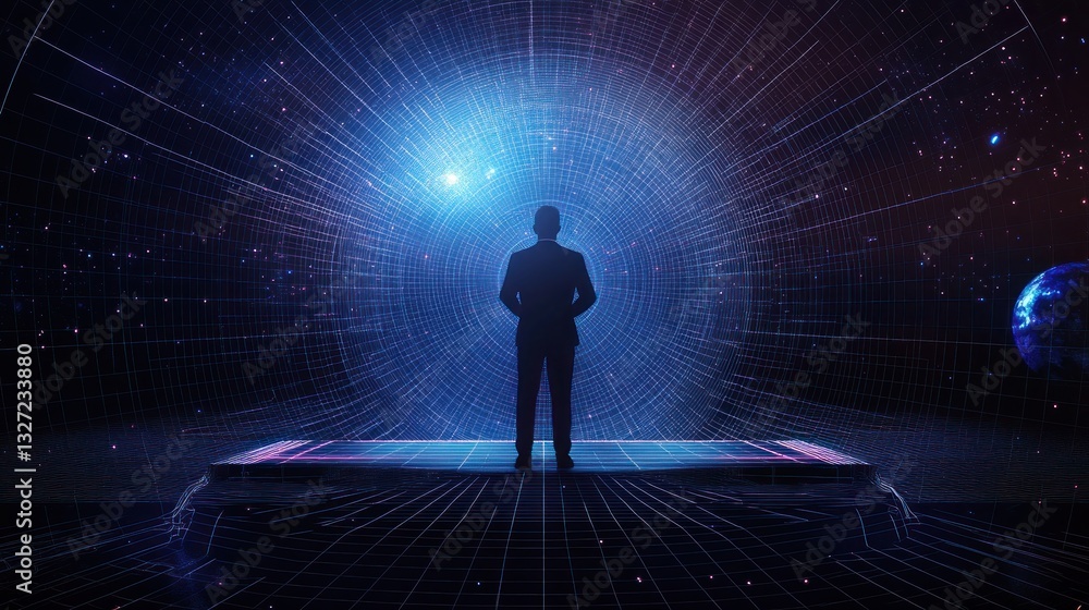 Businessman in futuristic digital space on a phone Businessman in futuristic digital space on a phone