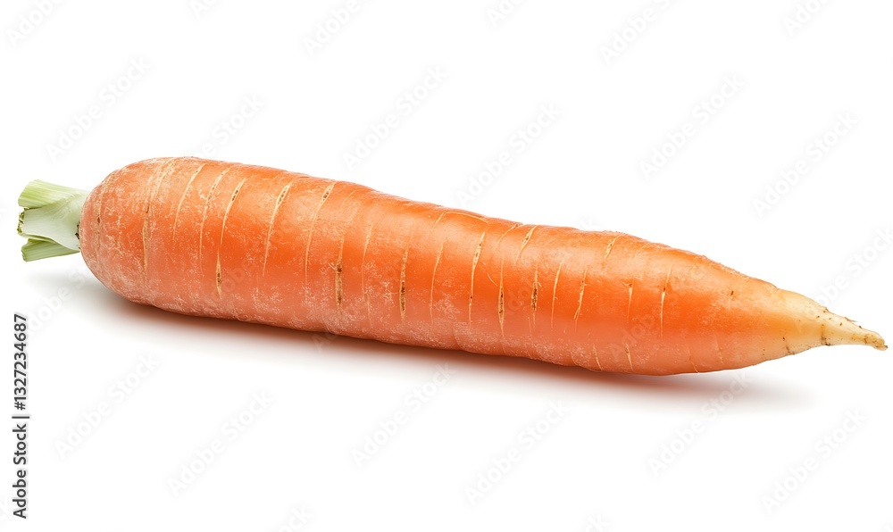 A single orange carrot with its green leafy top is shown here A single orange carrot with its green leafy top is shown here