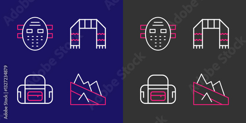 Set line Mountain descent, Sport bag, Winter scarf and Hockey mask icon. Vector
