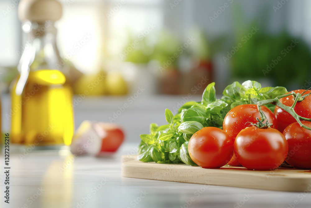 Fresh tomatoes and basil on cutting board with olive oil in background, creating vibrant kitchen scene Fresh tomatoes and basil on cutting board with olive oil in background, creating vibrant kitchen scene