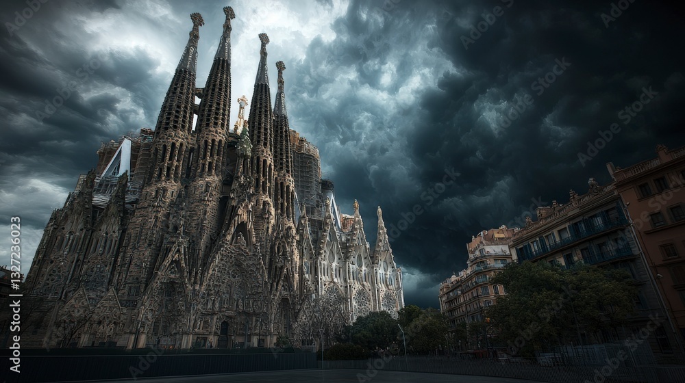 Obraz premium Sagrada familia illuminated barcelona photograph dramatic sky low angle awe-inspiring cultural icon