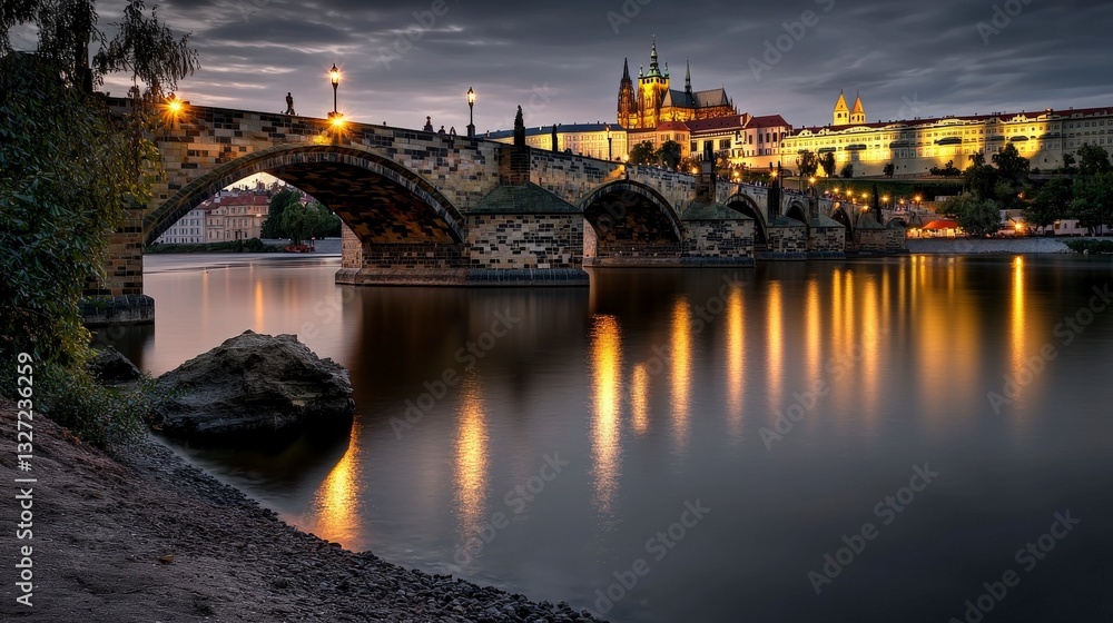 Obraz premium Evening reflections on charles bridge prague night photography serene river wide angle urban beauty