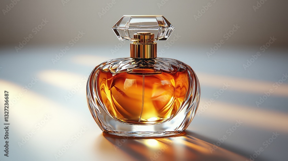 Luxurious Amber Perfume Bottle with Elegant Crystal Design, Golden Cap, and Rich Aromatic Liquid, Studio Shot with Dramatic Lighting Luxurious Amber Perfume Bottle with Elegant Crystal Design, Golden Cap, and Rich Aromatic Liquid, Studio Shot with Dramatic Lighting