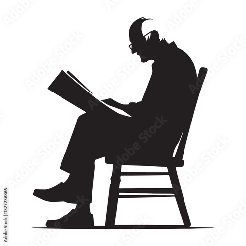 Grandfatherly Old Man Reading a Newspaper silhouette, staying engaged with the world - Old Man illustration - Minimalist Old Man vector - Loving elder
