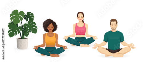 Group of people practicing yoga sitting in lotus pose with crossed legs. Man and women characters isolated vector illustration