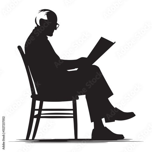 Stoic Old Man Reading a Newspaper silhouette, witnessing history unfold - Old Man illustration - Minimalist Old Man vector - Seasoned observer
