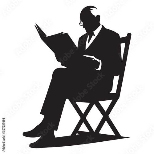 Thoughtful Old Man Reading a Newspaper silhouette, absorbing the latest news - Old Man illustration - Minimalist Old Man vector - Intellectual elder
