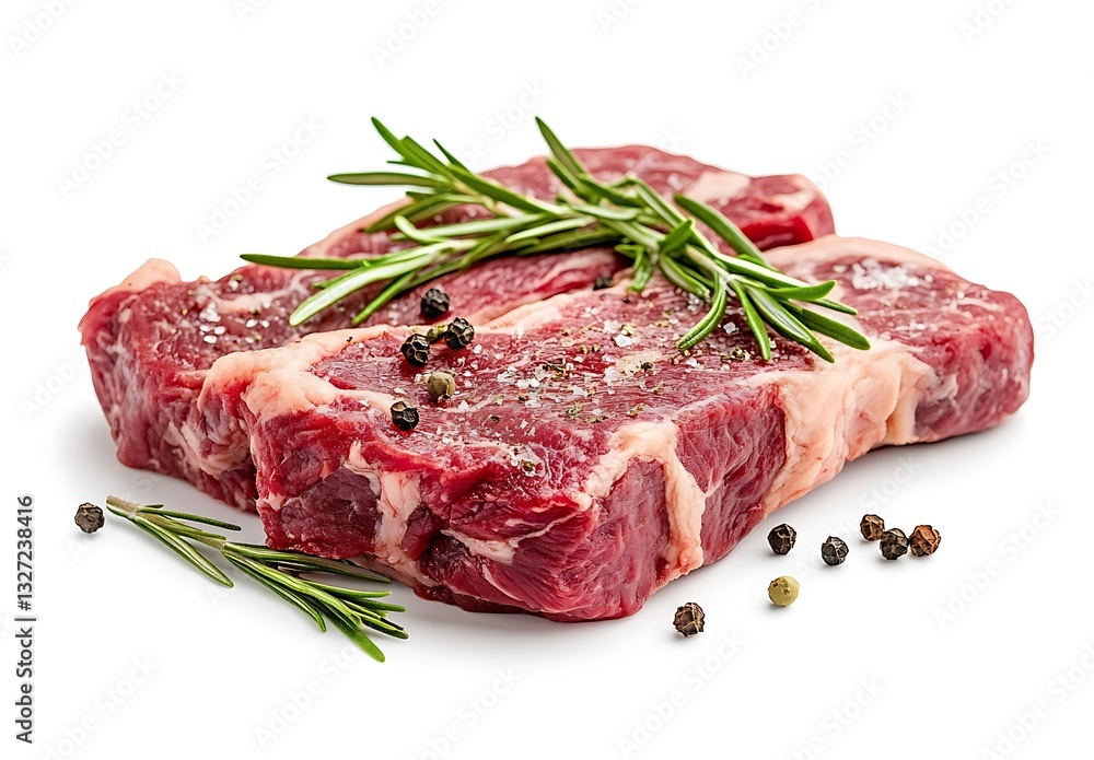 Fresh Raw Beef Steak with Rosemary Sprigs on Isolated White Background Fresh Raw Beef Steak with Rosemary Sprigs on Isolated White Background