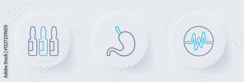 Set line Heart rate, Human stomach and Medical vial, ampoule icon. Vector