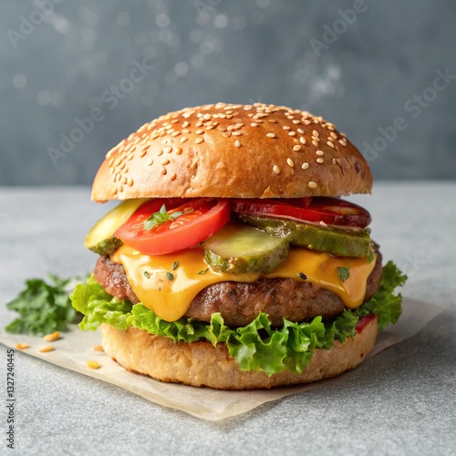 Hamburger on a cheese and tomatoes with background