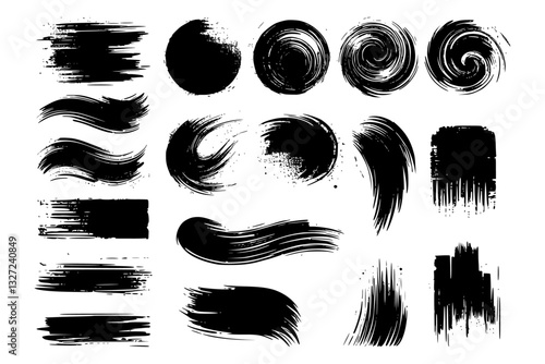 Collection of black brush strokes and blots. Various textures and shapes. Isolated on transparent background. Vector elements.