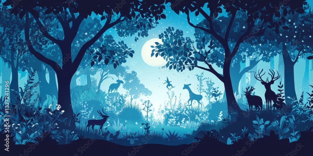 Fototapeta premium A beautiful illustration of a forest scene with deer and moon
