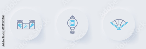 Set line Chinese or japanese folding fan, paper lantern and Great wall of China icon. Vector