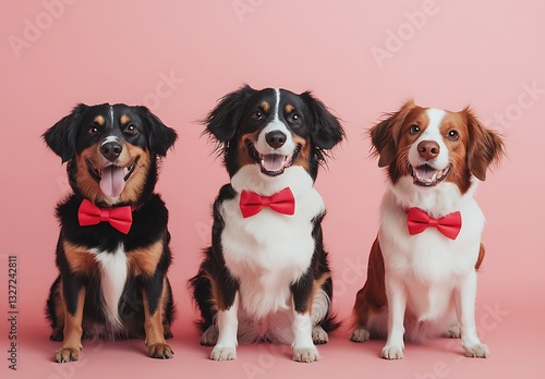 Three Cheerful Dogs Wearing Red Bow Ties Sitting Together