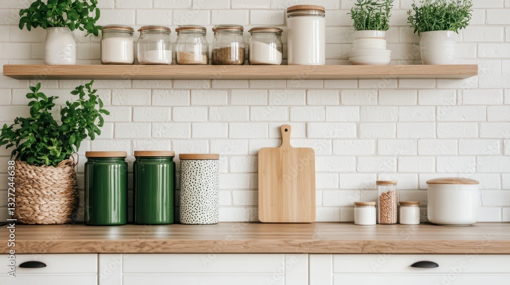 A modern kitchen shelf displays jars, containers, and potted plants, creating a clean and organized aesthetic. A modern kitchen shelf displays jars, containers, and potted plants, creating a clean and organized aesthetic.