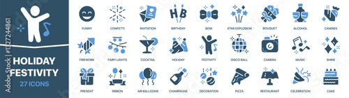 Holiday and festivity colored signed icon collection. Funny, birthday, music, celebration, present icons. UI icon set. Colored icons pack. Vector illustration